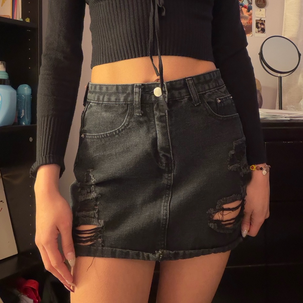 Black Cropped Sweater and Distressed Denim Skirt